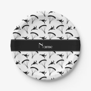 Personalized name white skydiving pattern paper plate