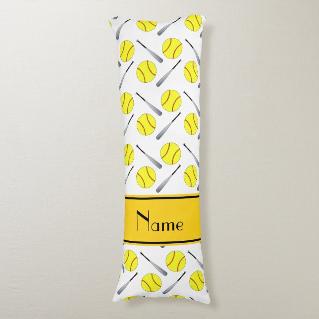 Personalized name white softball pattern body pillow (Front Vertical)