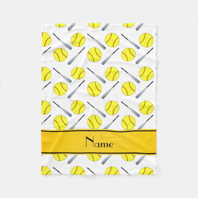 Personalized name white softball pattern fleece blanket (Front)