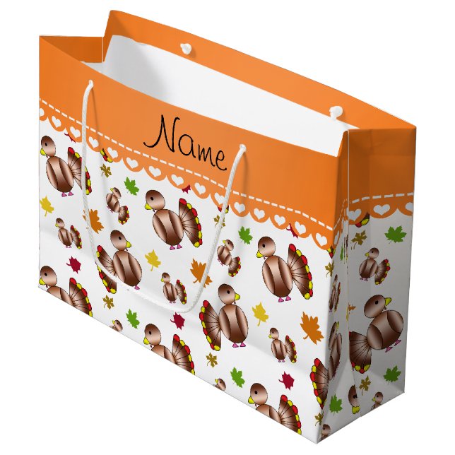 Personalized name white turkey's leaves large gift bag (Front Angled)