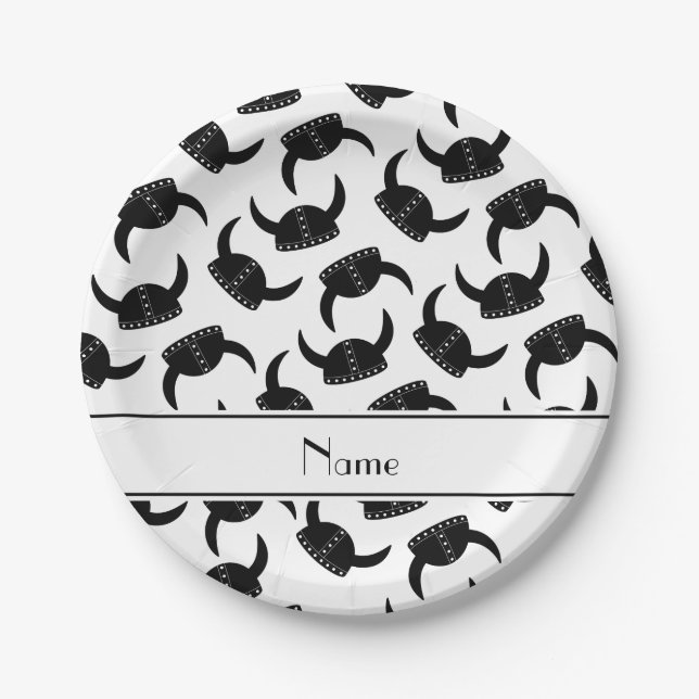 Personalized name white viking hat pattern paper plate (Front)
