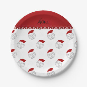 Personalized name white volleyballs santa hats paper plate