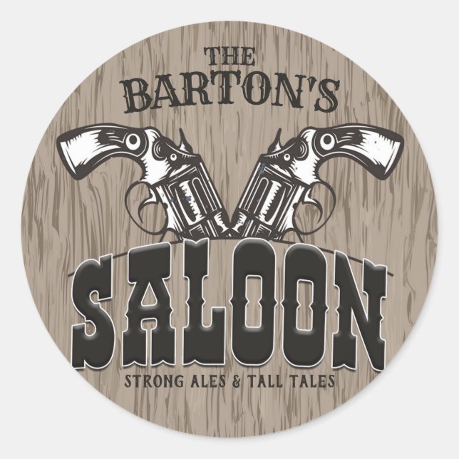 Personalized NAME Wild West Gun Revolver Saloon Classic Round Sticker (Front)