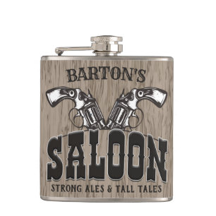 Personalized NAME Wild West Gun Revolver Saloon Hip Flask