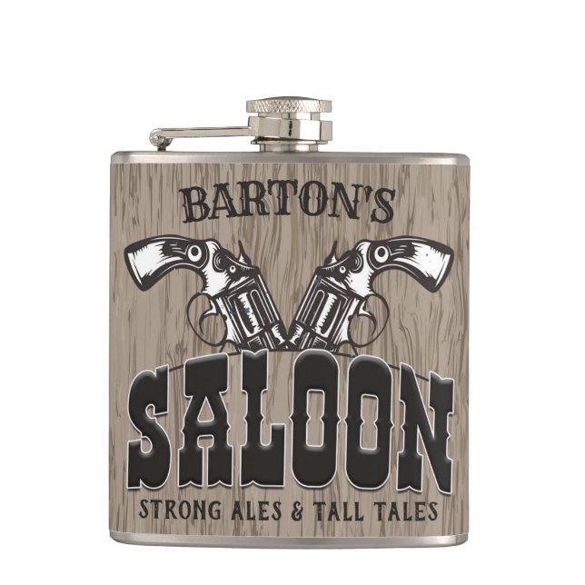 Personalized NAME Wild West Gun Revolver Saloon Hip Flask (Front)