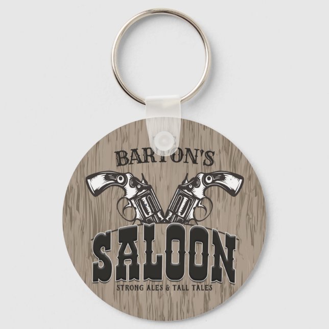 Personalized NAME Wild West Gun Revolver Saloon Keychain (Front)