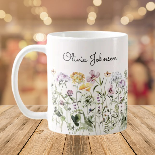Personalized Name Wildflower Garden Coffee Mug (Close up, On the table)