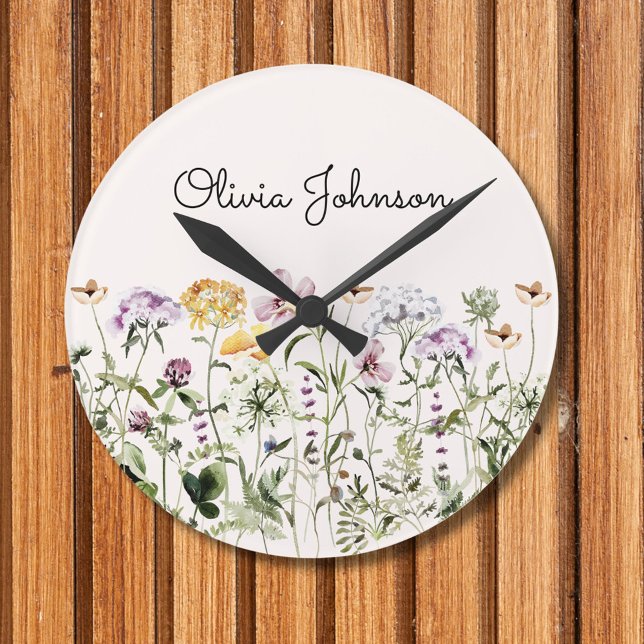 Personalized Name Wildflower Garden Round Clock (In situ wall)