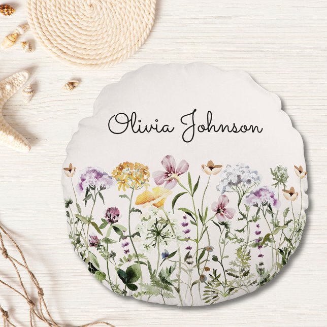 Personalized Name Wildflower Garden Round Pillow (In situ)