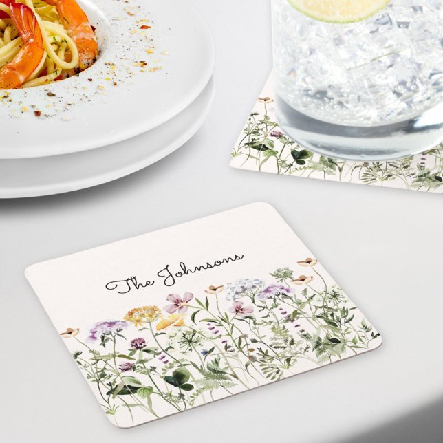 Personalized Name Wildflower Garden Square Paper Coaster (In situ dining table)