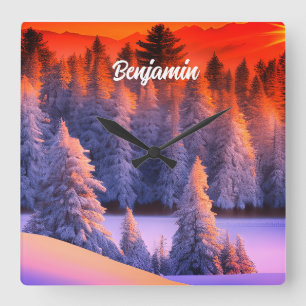 Personalized name Winter Forest Sunrise Theme Square Wall Clock