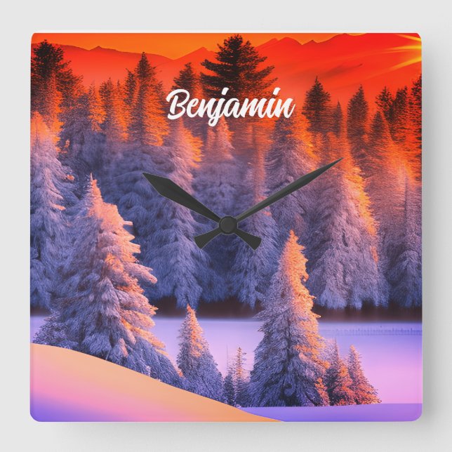 Personalized name Winter Forest Sunrise Theme Square Wall Clock (Front)