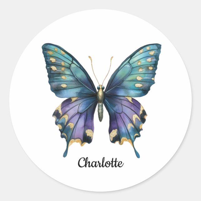Personalized Name with Blue Butterfly Classic Roun Round Sticker (Front)