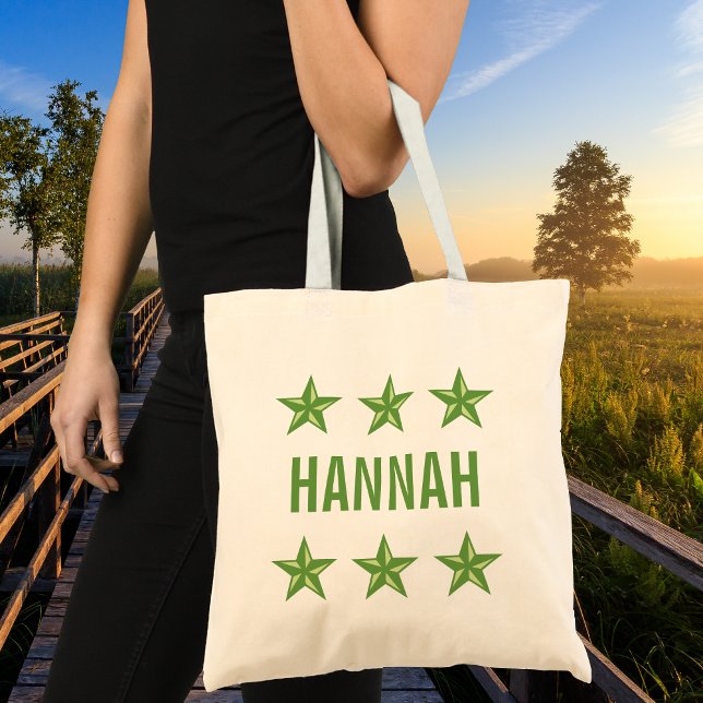 Personalized Name with Green Nautical Stars Canvas Tote Bag (Creator Uploaded)