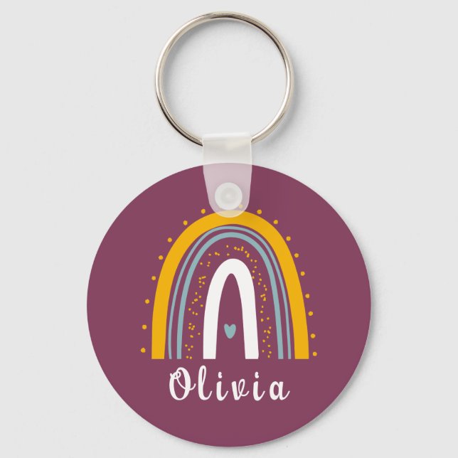 Personalized Name with Minimalist Boho Rainbow   Keychain (Front)