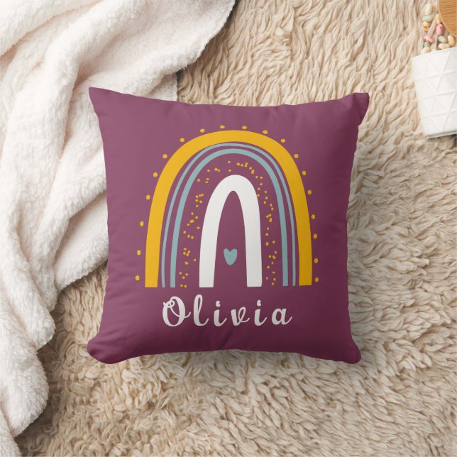 Personalized Name with Minimalist Boho Rainbow Throw Pillow (Blanket)