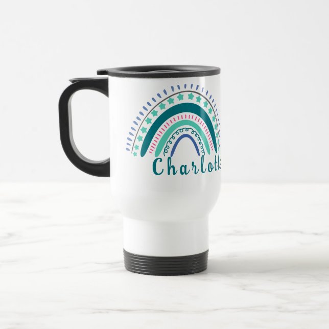 Personalized Name with Modern Boho Rainbow  Travel Mug (Left)