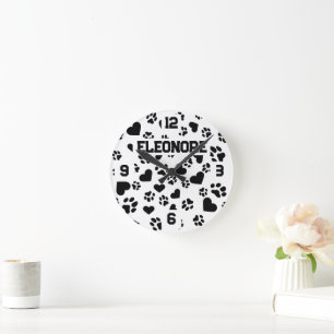 Personalized Name with Paw Print Design  Round Clock