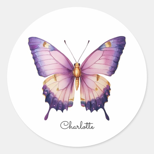 Personalized Name with Pink Butterfly Classic Round Sticker (Front)