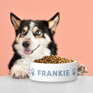 Personalized Name with Slate Blue Paw Prints Pet Bowl