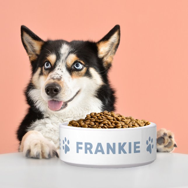 Personalized Name with Slate Blue Paw Prints Pet Bowl (Creator Uploaded)