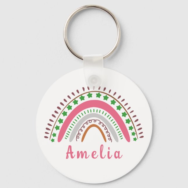 Personalized Name with Whimsical Boho Rainbow   Keychain (Front)