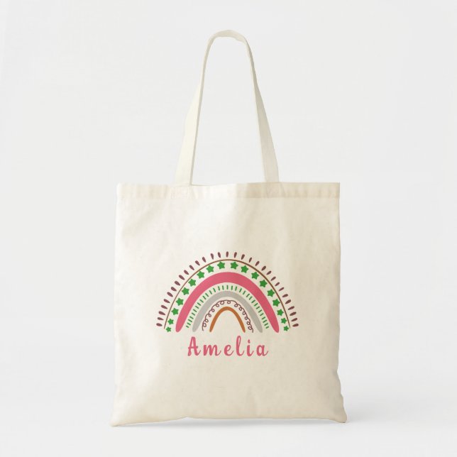Personalized Name with Whimsical Boho Rainbow  Tote Bag (Front)
