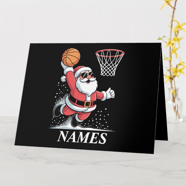 Personalized Name Xmas Santa Dunking Basketball Card (Yellow Flower)