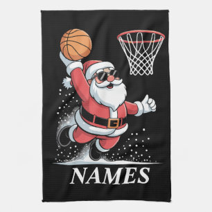 Personalized Name Xmas Santa Dunking Basketball Kitchen Towel