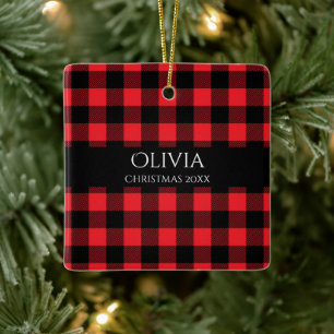 Personalized Name Year Buffalo Plaid  Ceramic Ornament