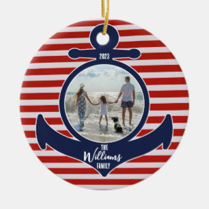 Personalized Name & Year Red White & Blue Anchor Ceramic Ornament