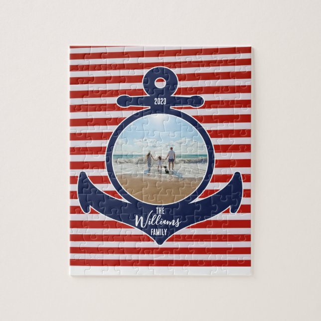 Personalized Name & Year Red White & Blue Anchor Jigsaw Puzzle (Vertical)