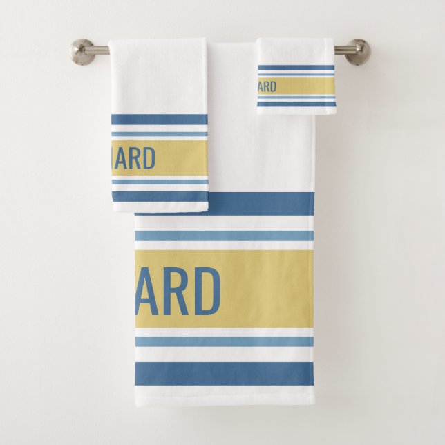 Personalized Name Yellow And Blue Striped Bath Towel Set (Insitu)