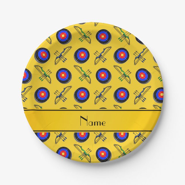 Personalized name yellow archery paper plate (Front)