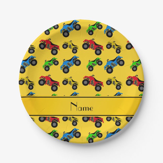 Personalized name yellow atv pattern paper plate (Front)