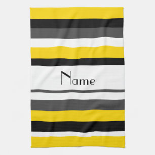 Personalized name yellow black grey white stripes kitchen towel