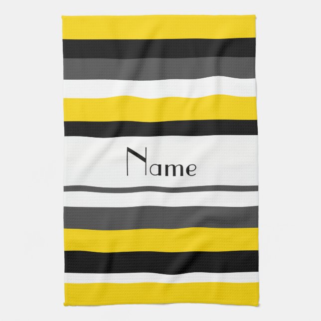 Personalized name yellow black grey white stripes kitchen towel (Vertical)