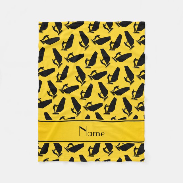 Personalized name yellow black windsurfing fleece blanket (Front)