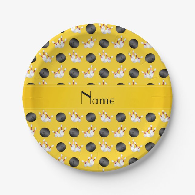 Personalized name yellow bowling pattern paper plate (Front)