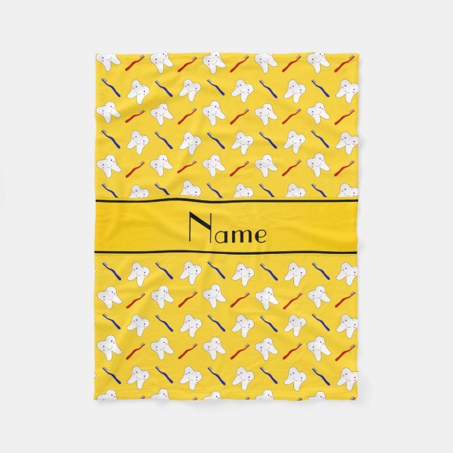 Personalized name yellow brushes and tooth pattern fleece blanket (Front)