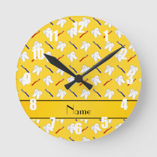 Personalized name yellow brushes and tooth pattern round clock