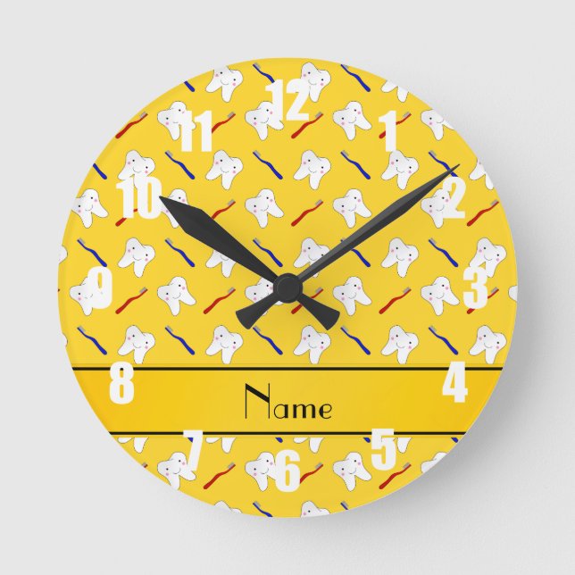 Personalized name yellow brushes and tooth pattern round clock (Front)