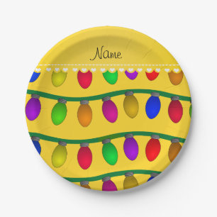 Personalized name yellow christmas lights paper plate