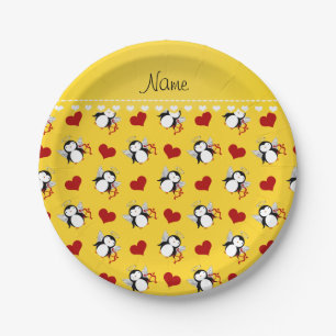 Personalized name yellow cupid penguins red hearts paper plate