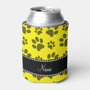 Personalized name yellow dog paw print can cooler