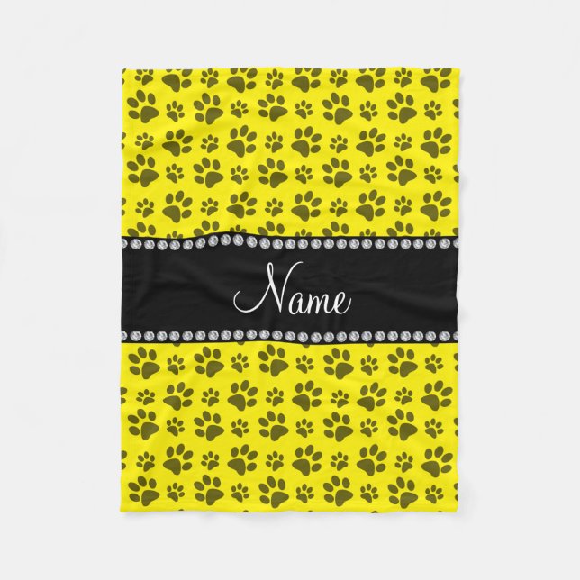 Personalized name yellow dog paw print fleece blanket (Front)