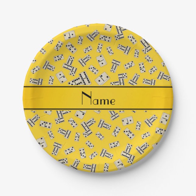 Personalized name yellow dominos paper plate (Front)