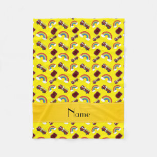 Personalized name yellow fire trucks rainbows fleece blanket