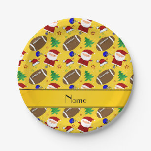 Personalized name yellow football christmas paper plate