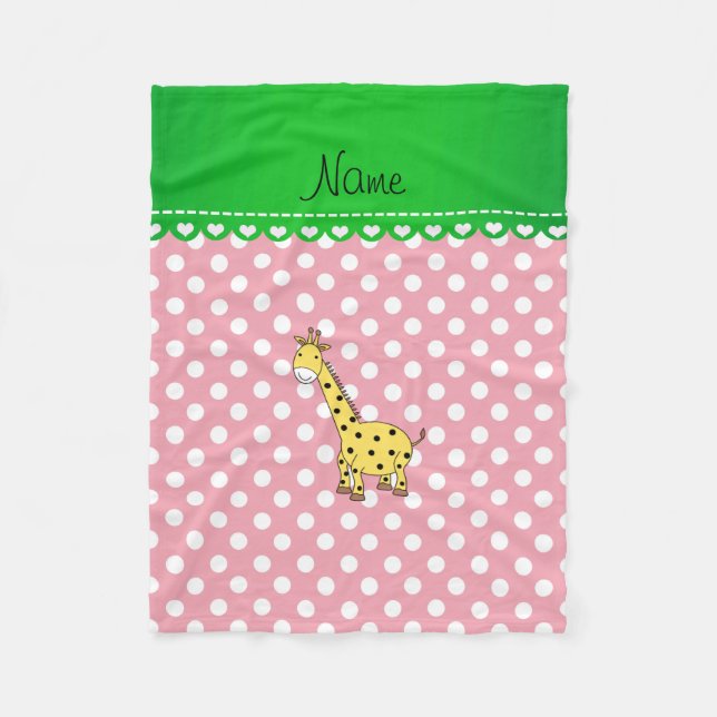 Personalized name yellow giraffe pink polka dots fleece blanket (Front)
